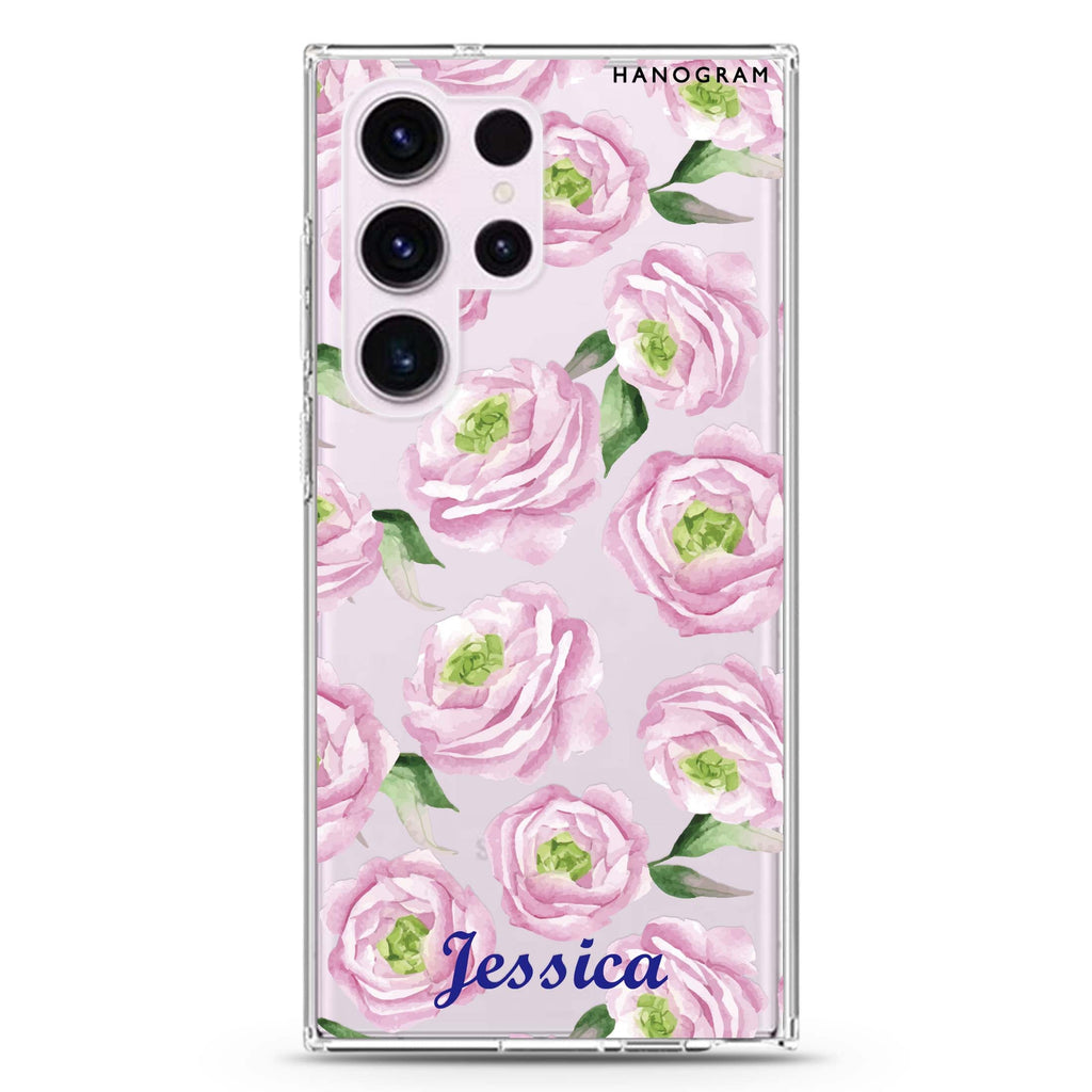 Watercolor Pink personalized name Samsung Galaxy S26/S25/S24/S23/S22 Ultra ultra clear case, transparent design, main view