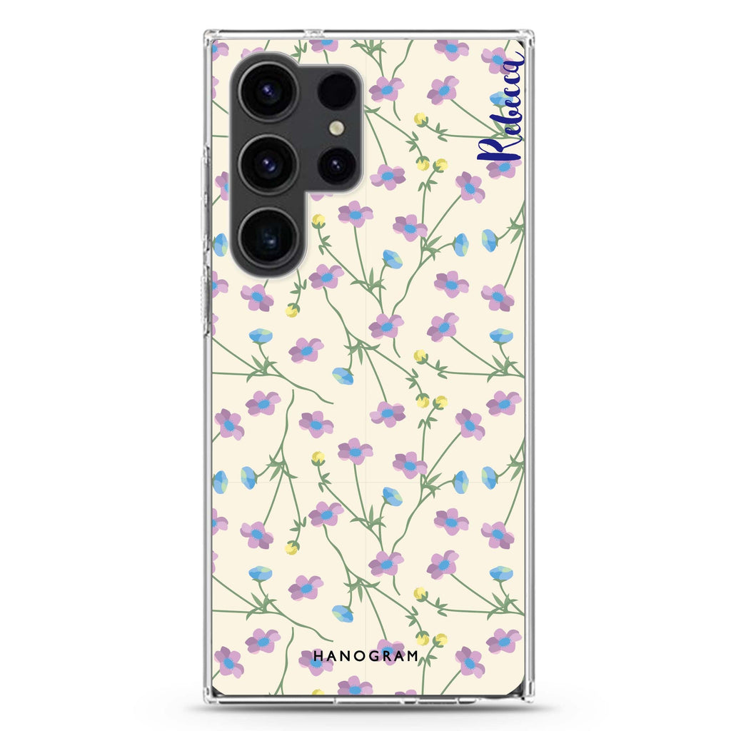Girly Floral personalized name Samsung Galaxy S26/S25/S24/S23/S22 Ultra ultra clear case, transparent design, main view