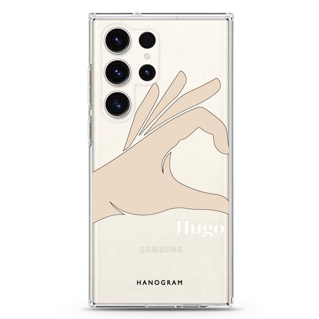 Left Hand Heart personalized name Samsung Galaxy S26/S25/S24/S23/S22 Ultra ultra clear case, transparent design, main view