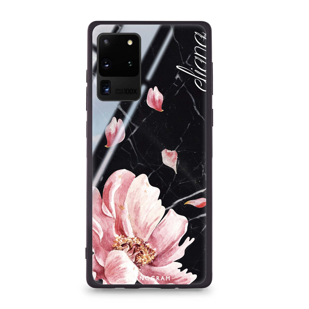 Black Marble & Floral Samsung Glass Case