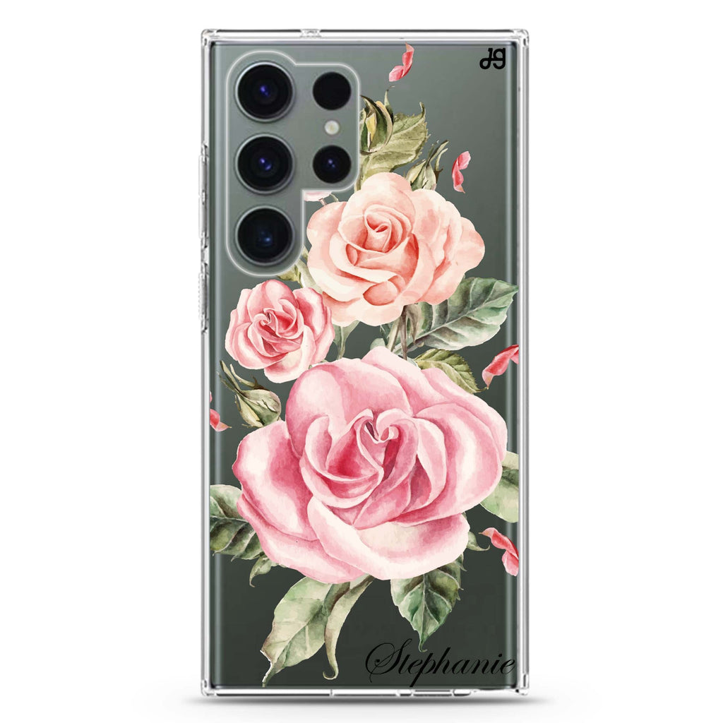 Pink Watercolor personalized name Samsung Galaxy S26/S25/S24/S23/S22 Ultra ultra clear case, transparent design, main view