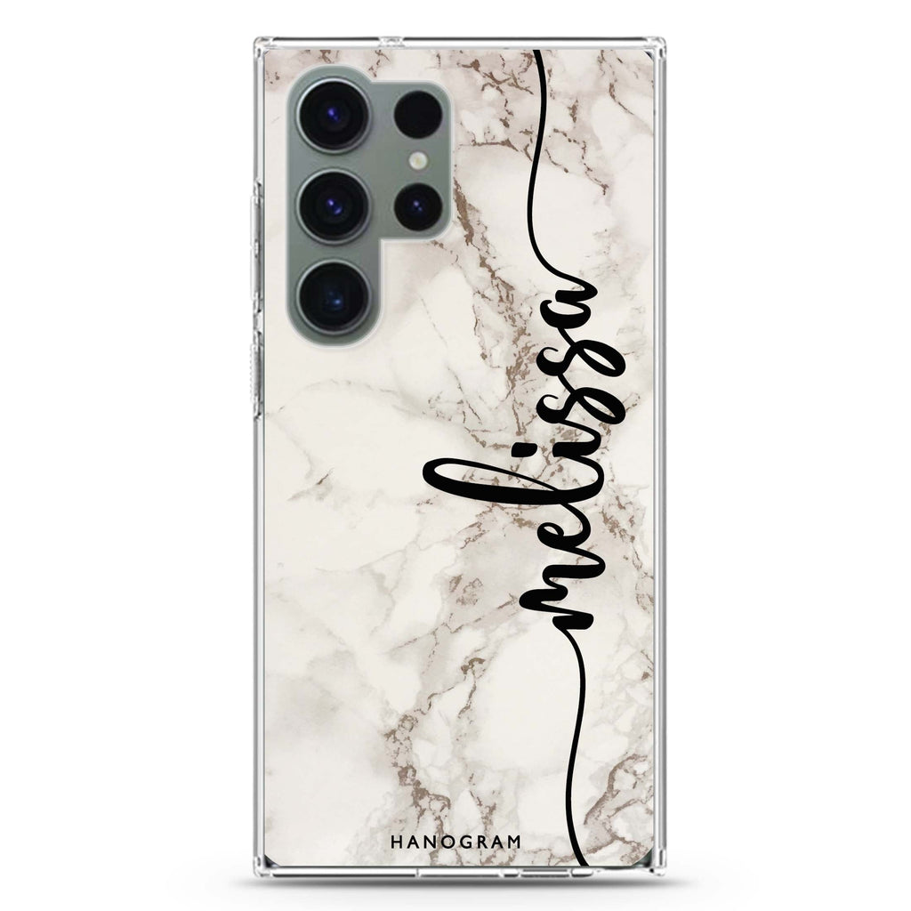 Marble Edition V personalized name Samsung Galaxy S26/S25/S24/S23/S22 Ultra ultra clear case, transparent design, main view