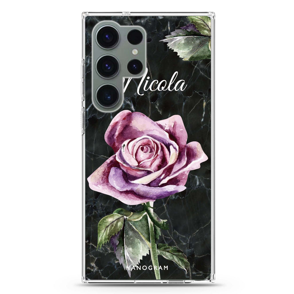 Black Marble Rose personalized name Samsung Galaxy S26/S25/S24/S23/S22 Ultra ultra clear case, transparent design, main view