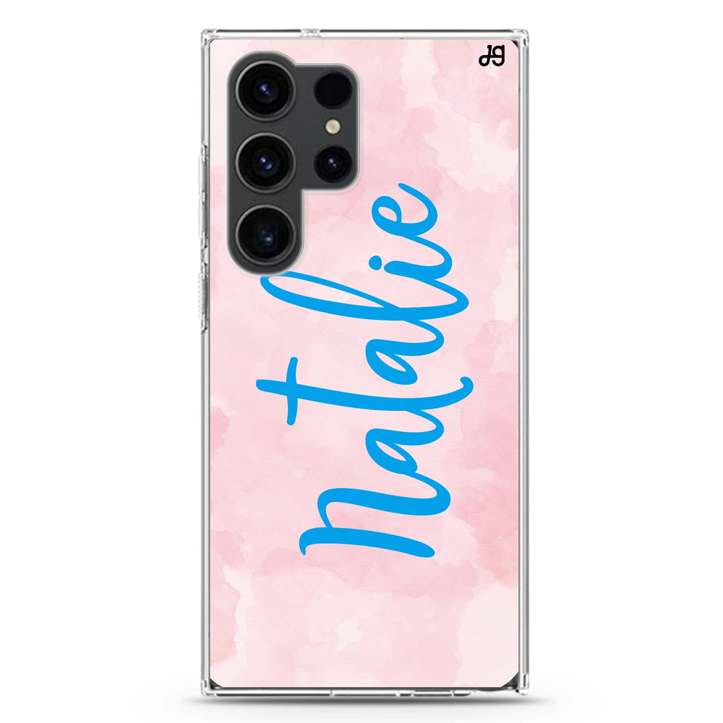Pink Aqua personalized name Samsung Galaxy S26/S25/S24/S23/S22 Ultra ultra clear case, transparent design, main view