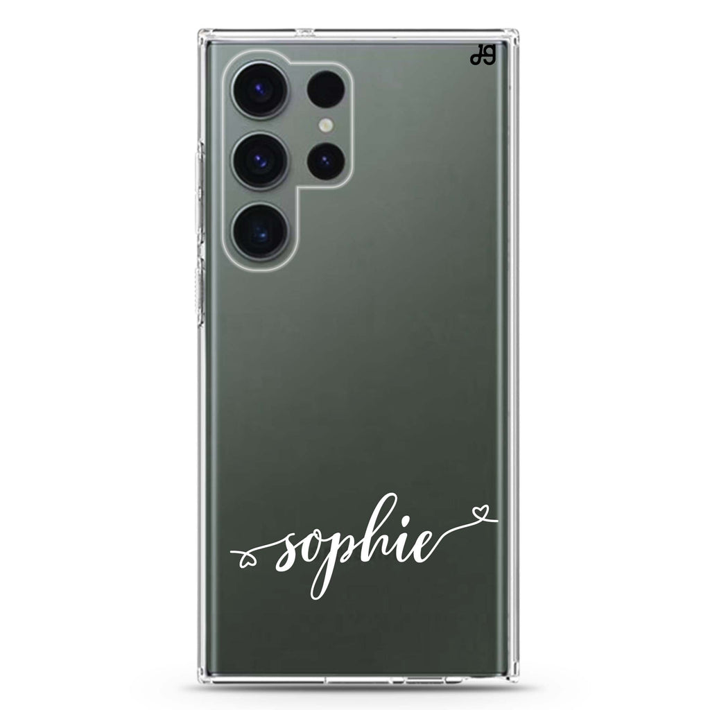 Made with Love personalized name Samsung Galaxy S26/S25/S24/S23/S22 Ultra ultra clear case, transparent design, main view