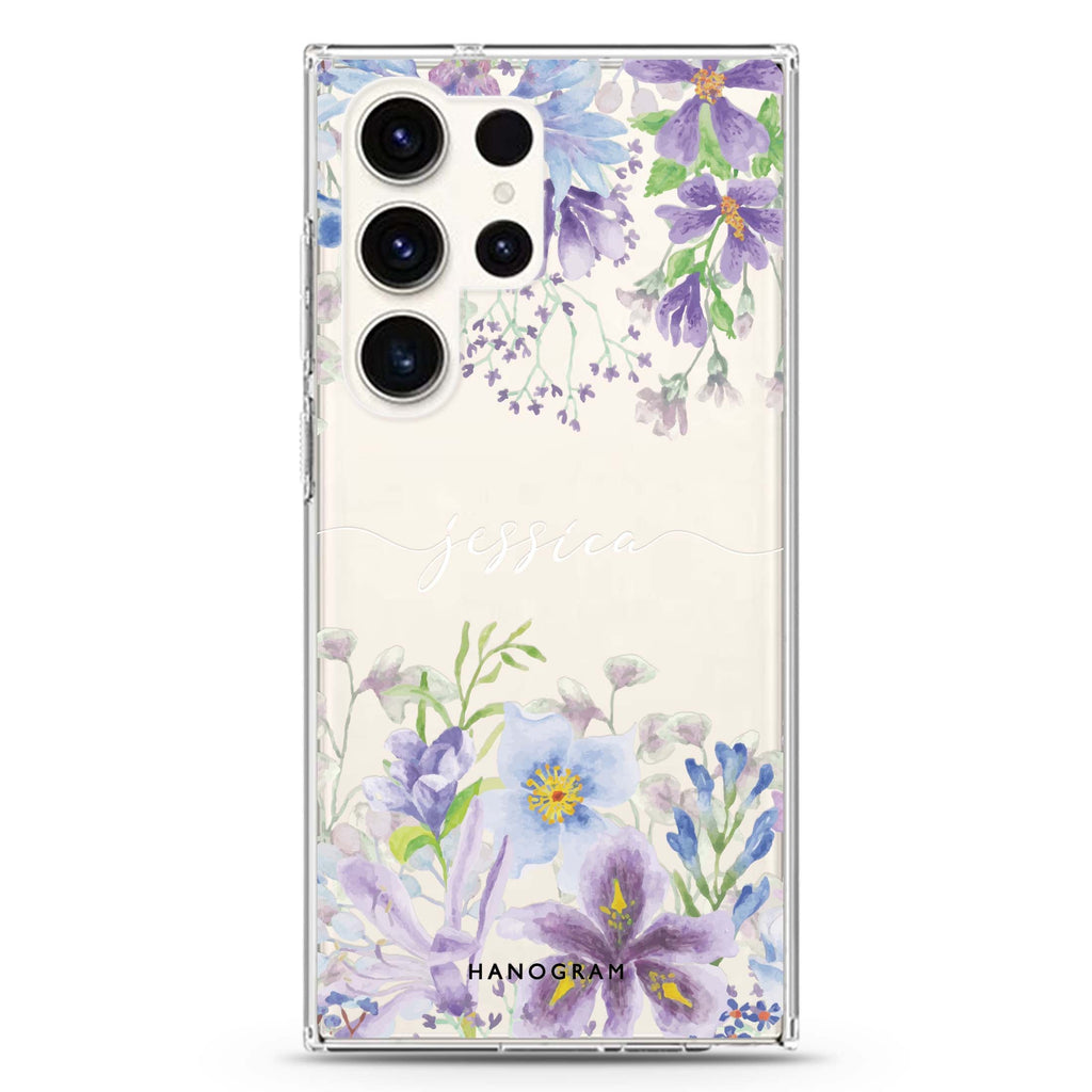 Flowers Bloom personalized name Samsung Galaxy S26/S25/S24/S23/S22 Ultra ultra clear case, transparent design, main view