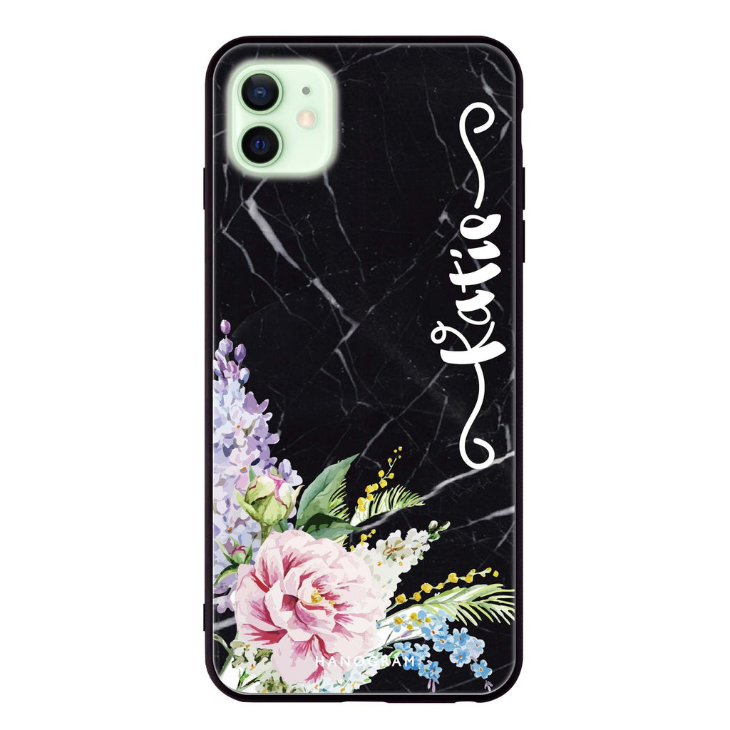 Floral & Black Marble iPhone 12 Glass Case