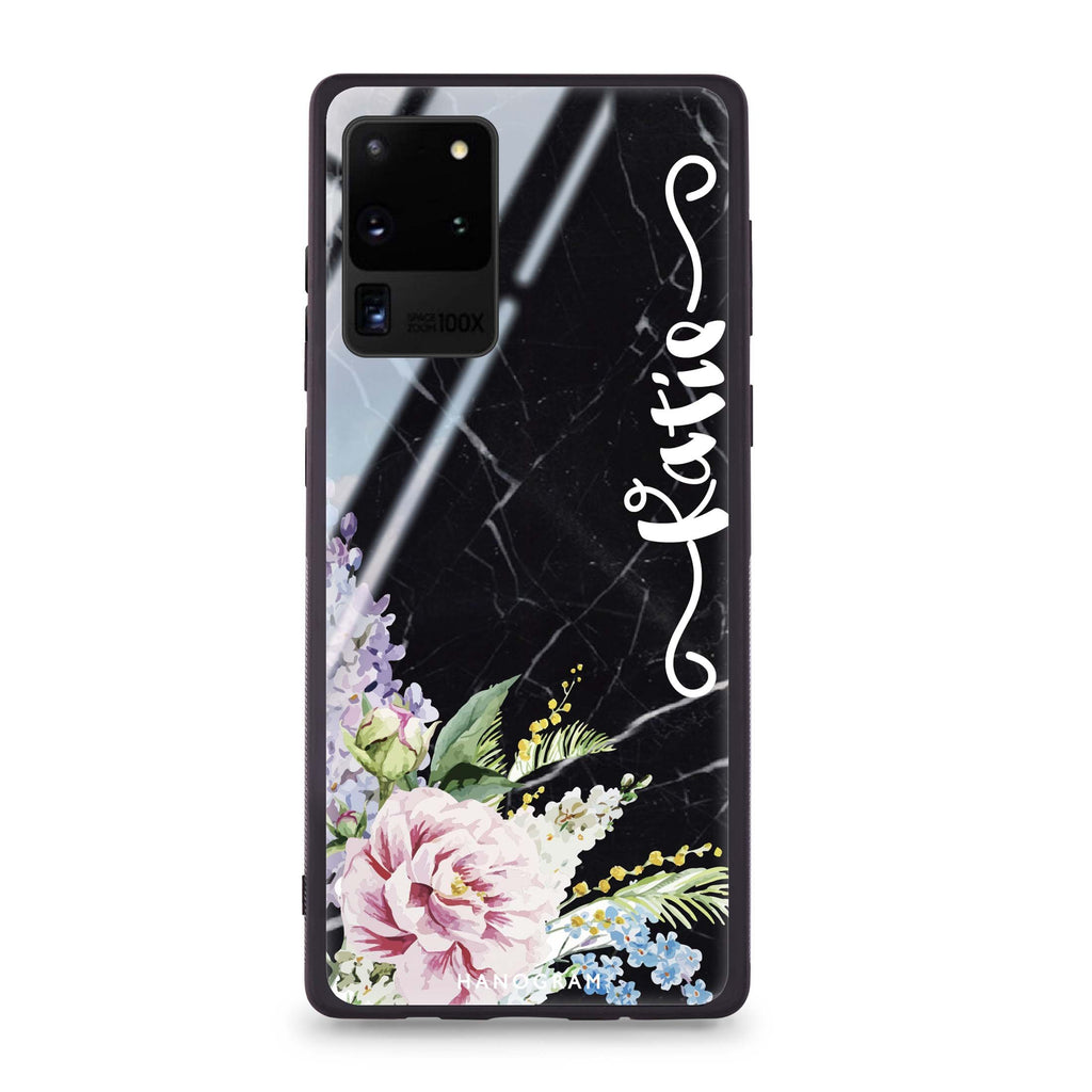 Floral & Black Marble Samsung Glass Case