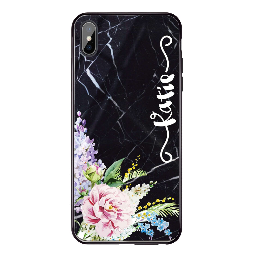 Floral & Black Marble iPhone XS Glass Case