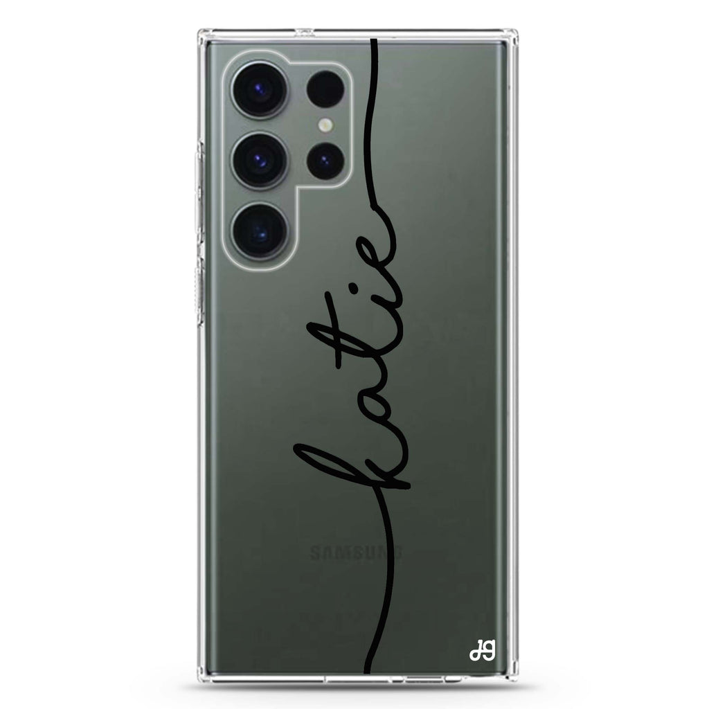 Vertical personalized name Samsung Galaxy S26/S25/S24/S23/S22 Ultra ultra clear case, transparent design, main view