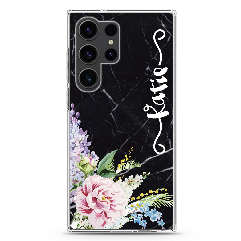 Floral & Black personalized name Samsung Galaxy S26/S25/S24/S23/S22 Ultra ultra clear case, transparent design, main view