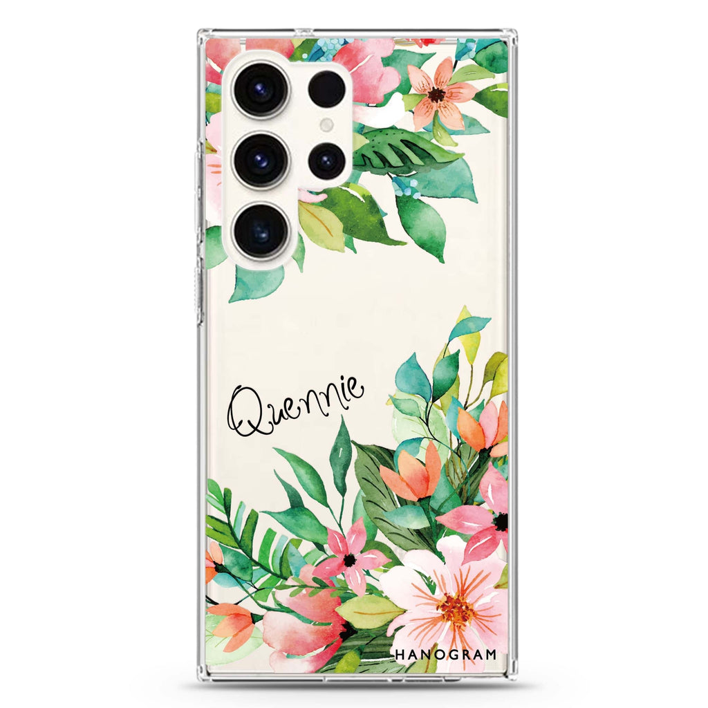 Flower Inspiration personalized name Samsung Galaxy S26/S25/S24/S23/S22 Ultra ultra clear case, transparent design, main view