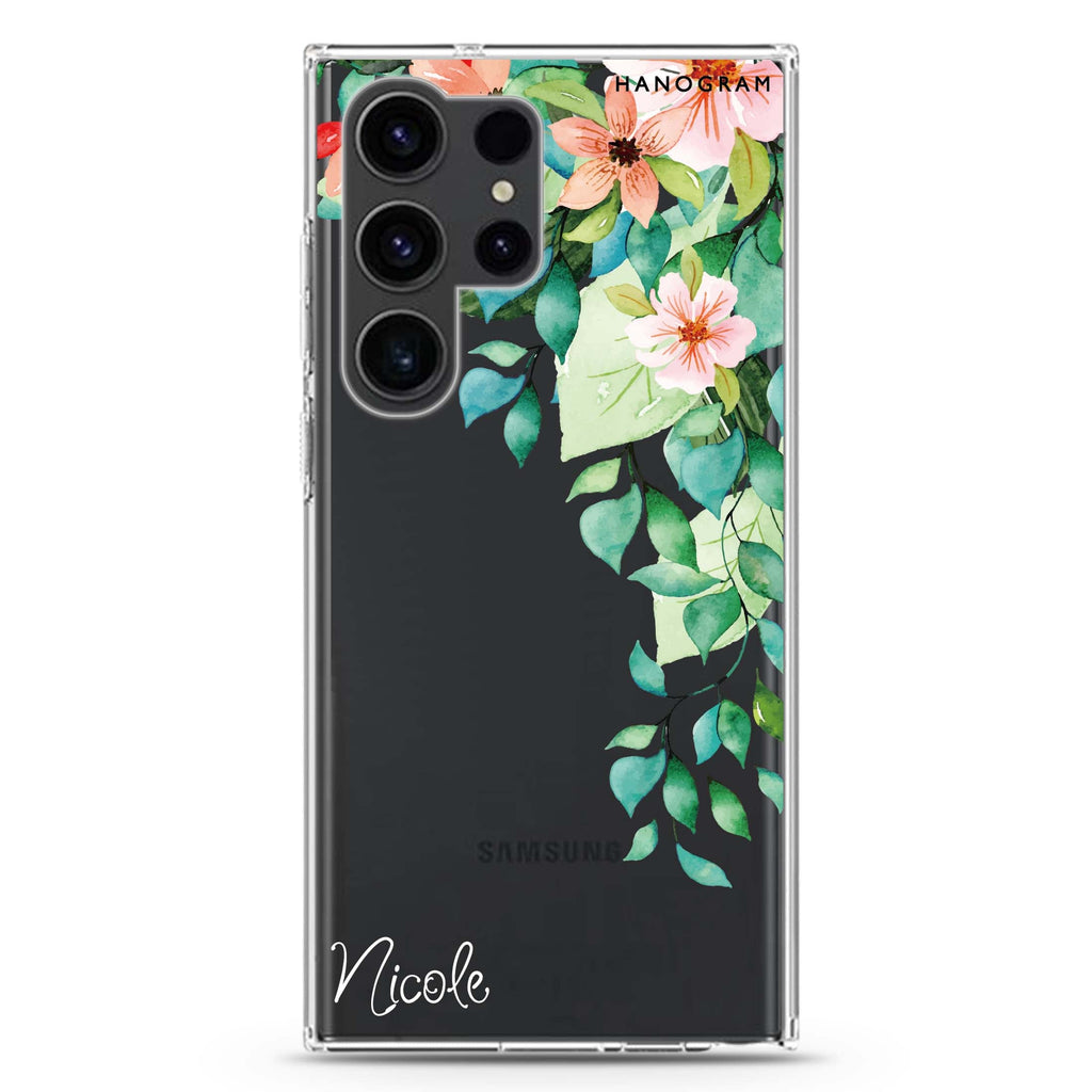 Secret Flower personalized name Samsung Galaxy S26/S25/S24/S23/S22 Ultra ultra clear case, transparent design, main view