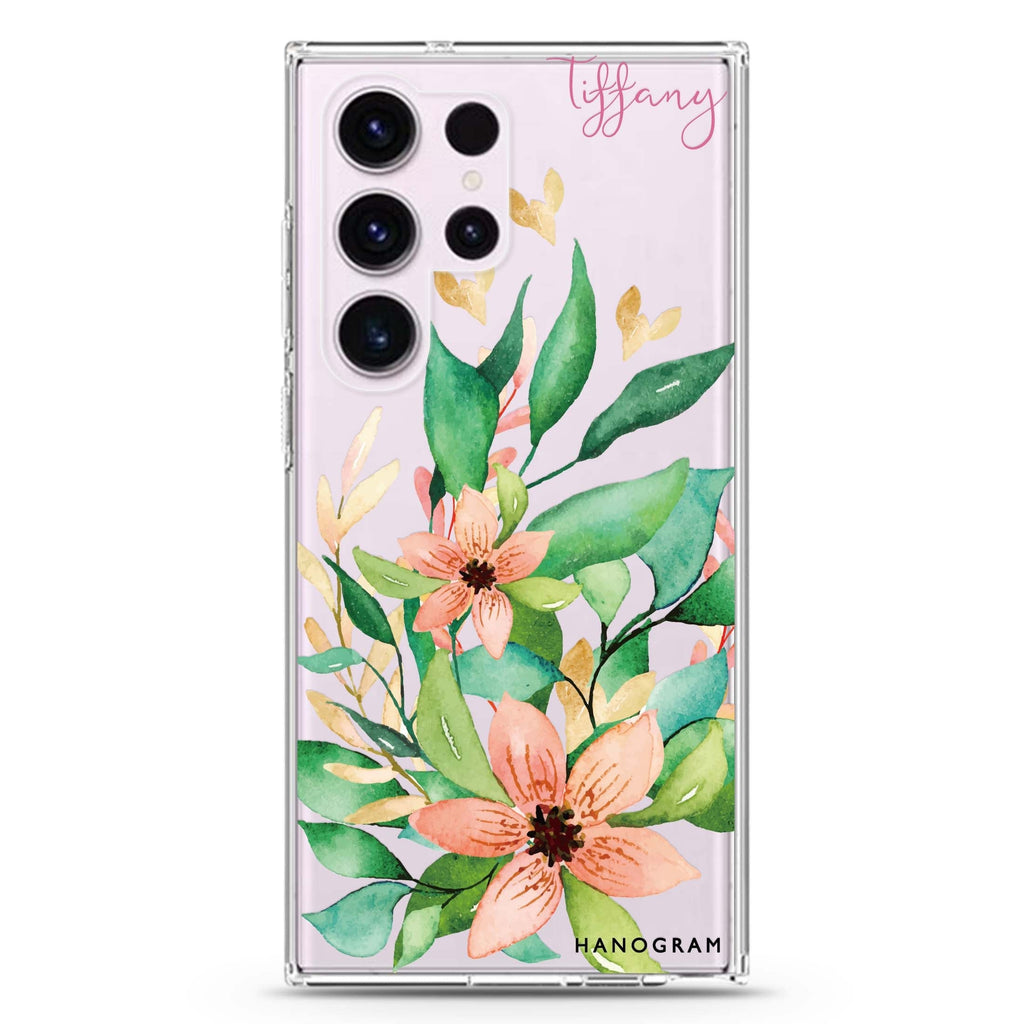 Floral Bloom personalized name Samsung Galaxy S26/S25/S24/S23/S22 Ultra ultra clear case, transparent design, main view