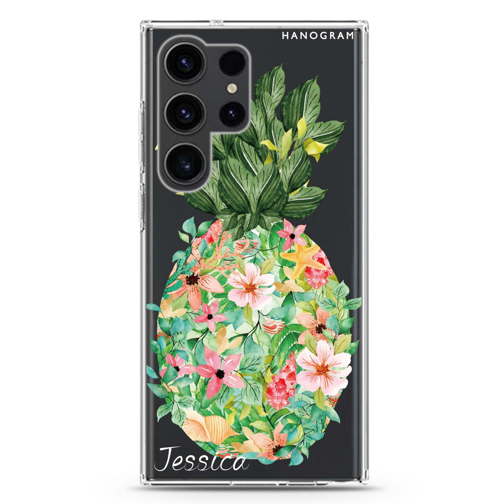 Floral Pineapple personalized name Samsung Galaxy S26/S25/S24/S23/S22 Ultra ultra clear case, transparent design, main view