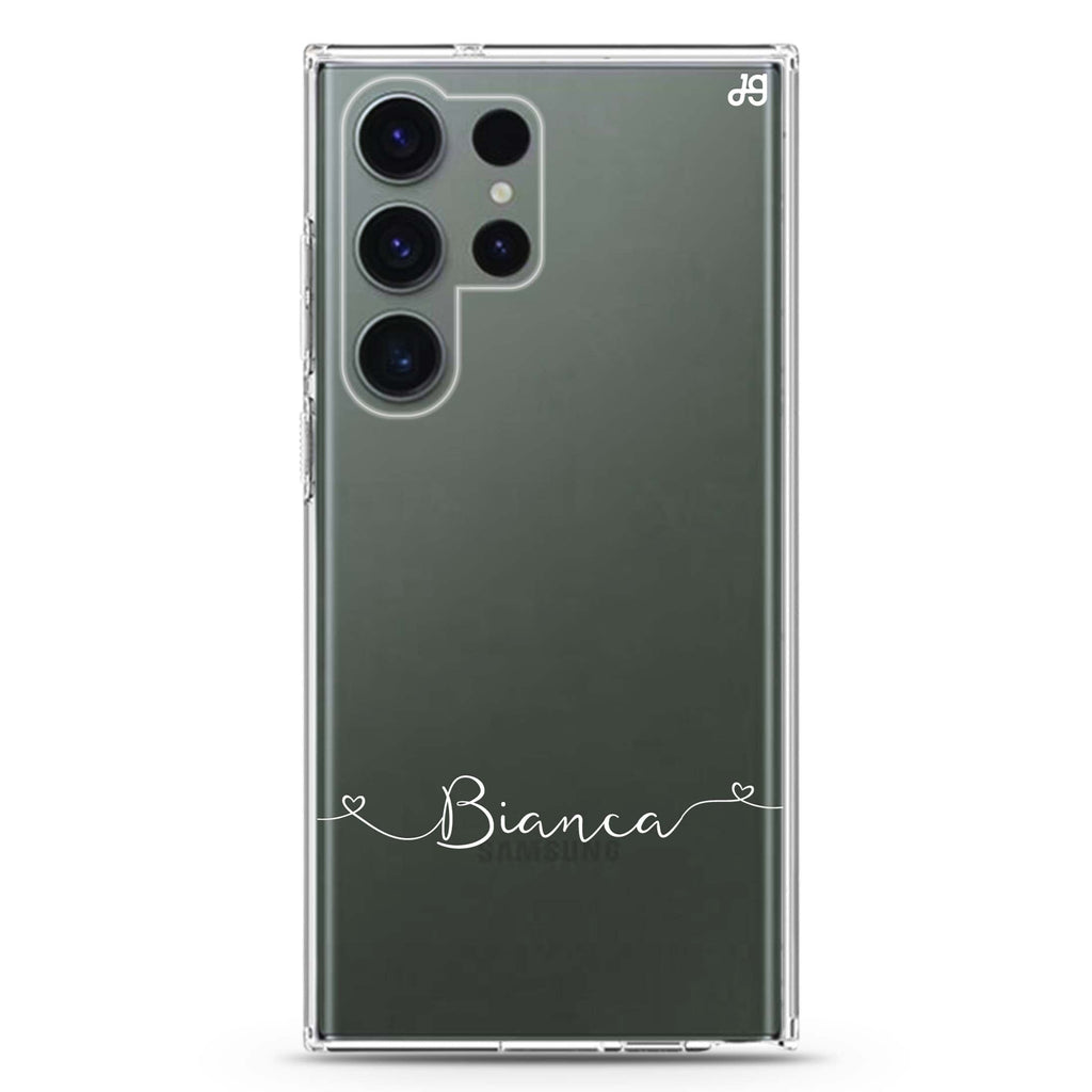 Loving Heart II personalized name Samsung Galaxy S26/S25/S24/S23/S22 Ultra ultra clear case, transparent design, main view