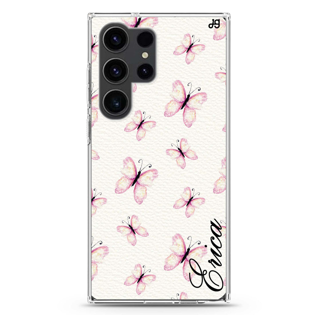 Vintage Butterfly personalized name Samsung Galaxy S26/S25/S24/S23/S22 Ultra ultra clear case, transparent design, main view