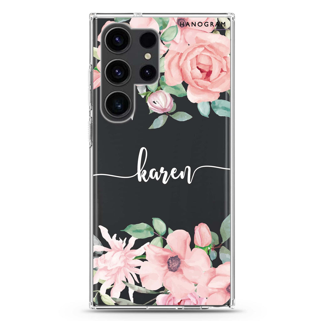 Forever Love Rose personalized name Samsung Galaxy S26/S25/S24/S23/S22 Ultra ultra clear case, transparent design, main view