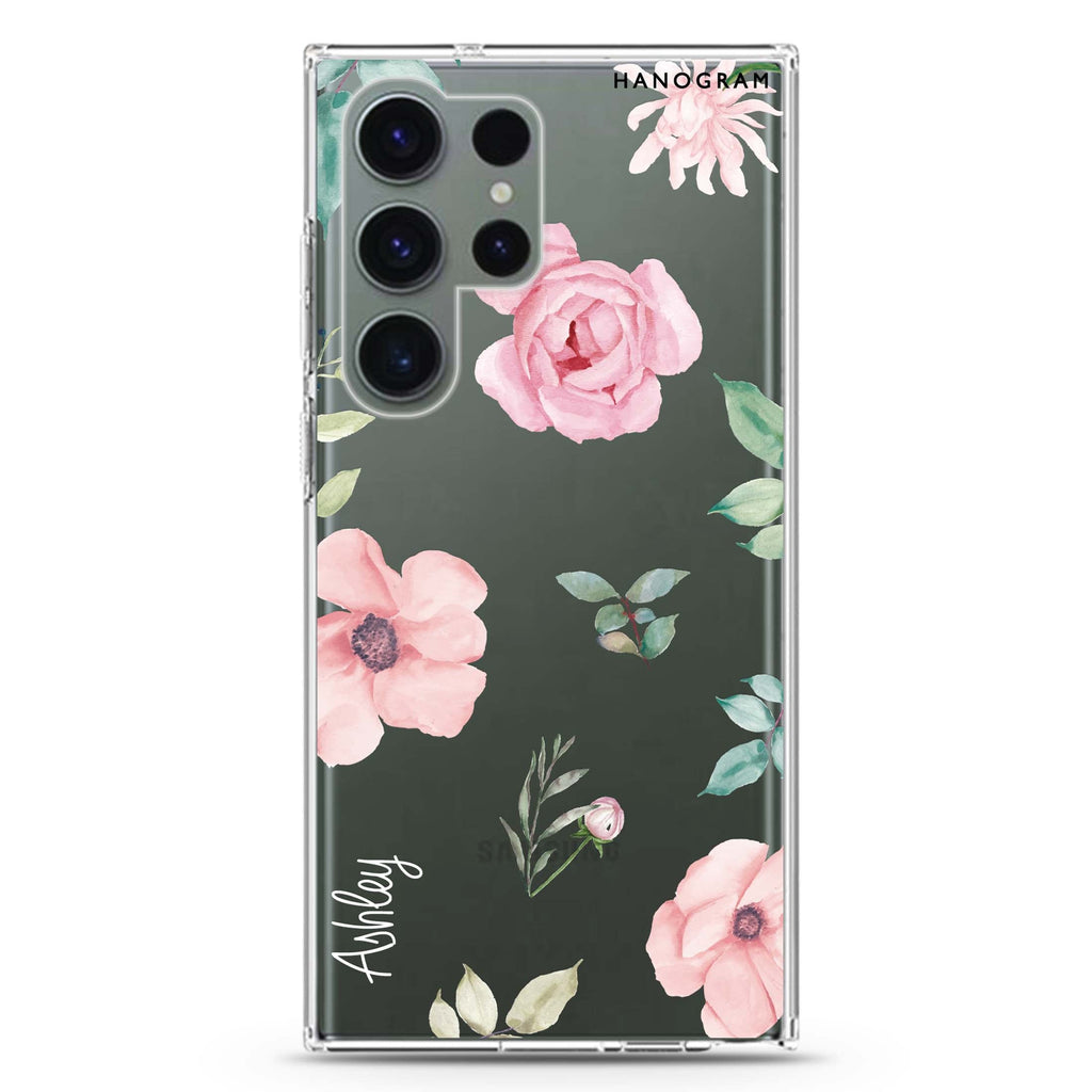 Rose Flower personalized name Samsung Galaxy S26/S25/S24/S23/S22 Ultra ultra clear case, transparent design, main view