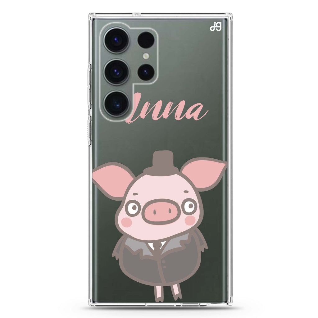 Funny Piggy personalized name Samsung Galaxy S26/S25/S24/S23/S22 Ultra ultra clear case, transparent design, main view