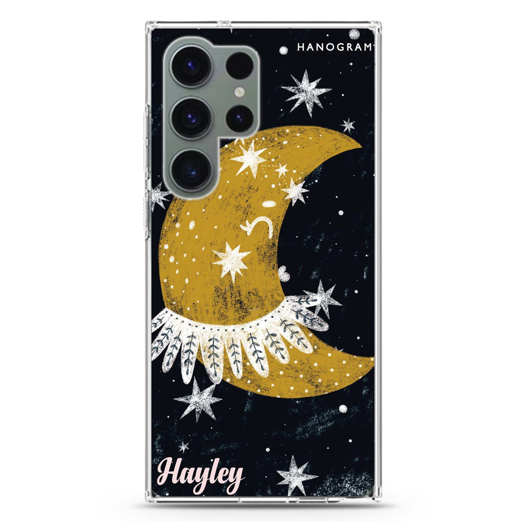 Cute Half Moon personalized name Samsung Galaxy S26/S25/S24/S23/S22 Ultra ultra clear case, transparent design, main view