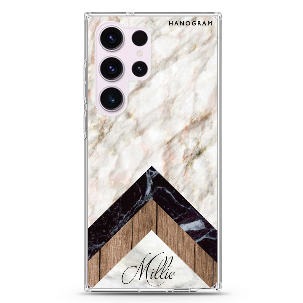 Marble & Wood personalized name Samsung Galaxy S26/S25/S24/S23/S22 Ultra ultra clear case, transparent design, main view
