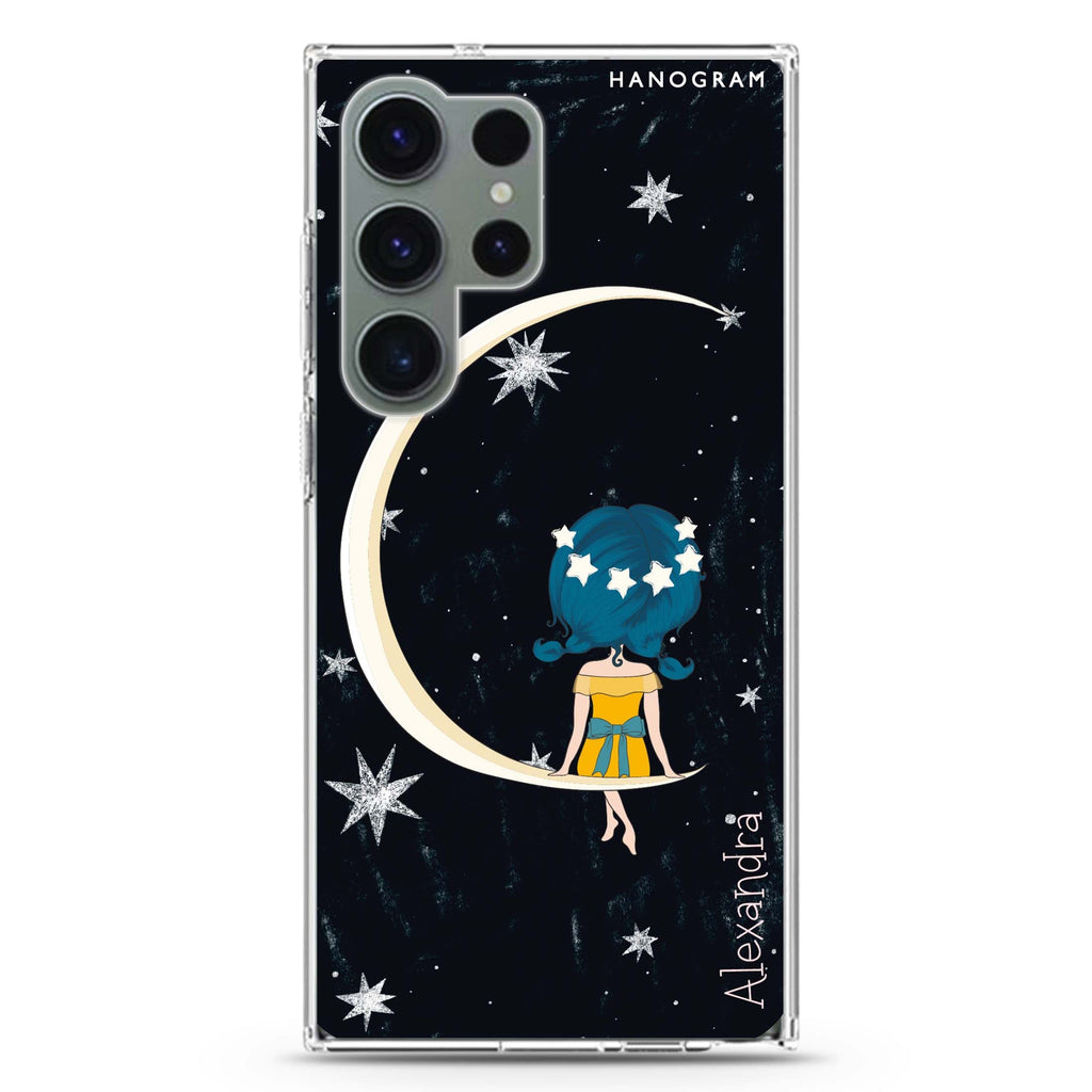 Cute Girl Moon personalized name Samsung Galaxy S26/S25/S24/S23/S22 Ultra ultra clear case, transparent design, main view