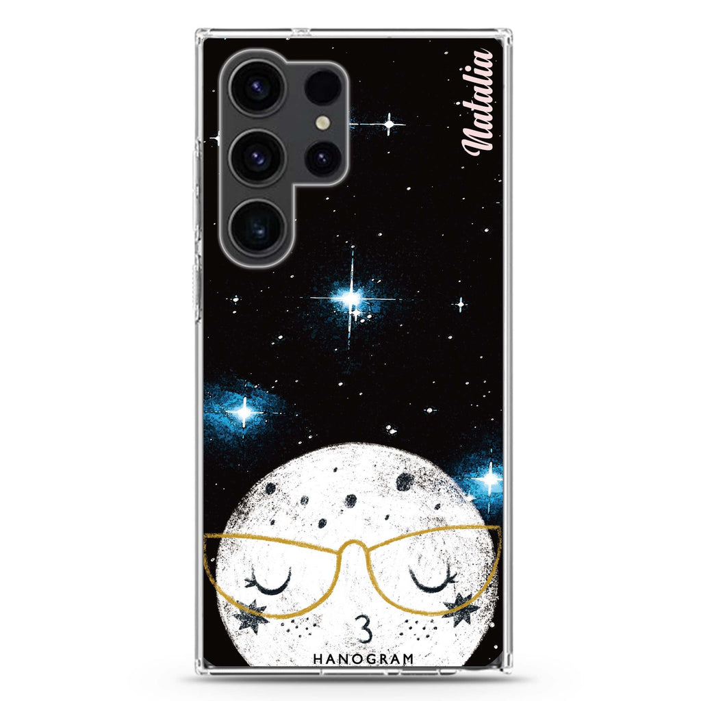 Glasses Moon personalized name Samsung Galaxy S26/S25/S24/S23/S22 Ultra ultra clear case, transparent design, main view