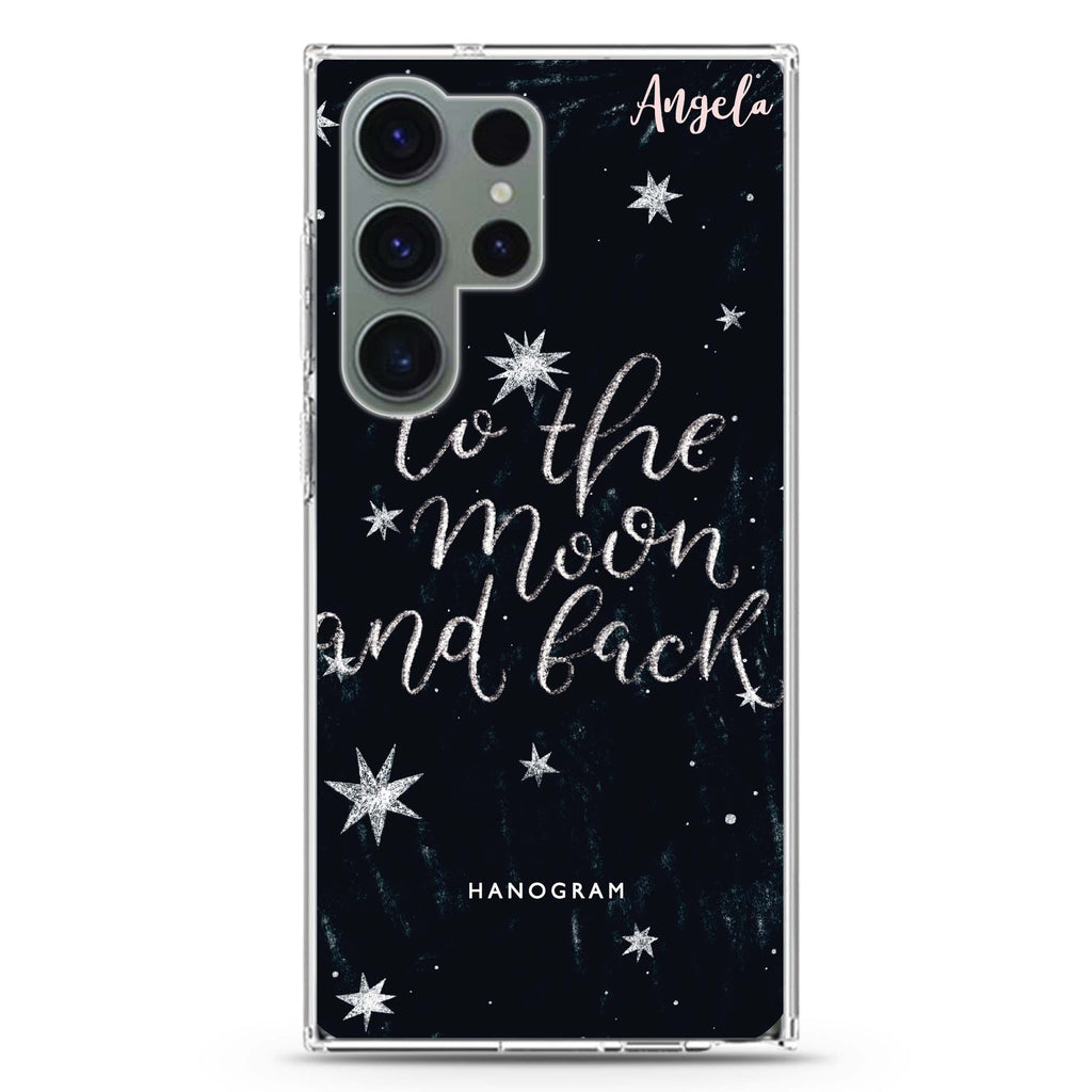 To the Moon and personalized name Samsung Galaxy S26/S25/S24/S23/S22 Ultra ultra clear case, transparent design, main view