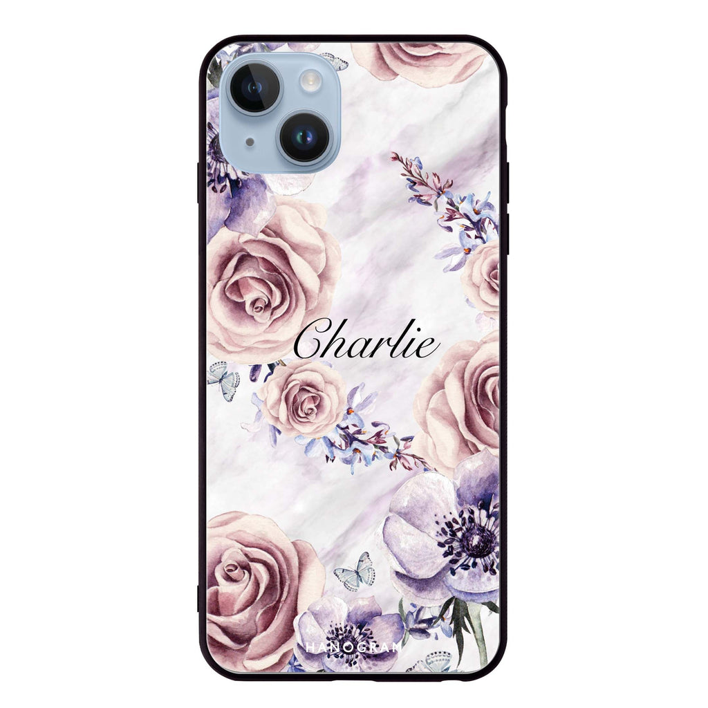 White Marble & Flower iPhone 14 Plus Glass Case