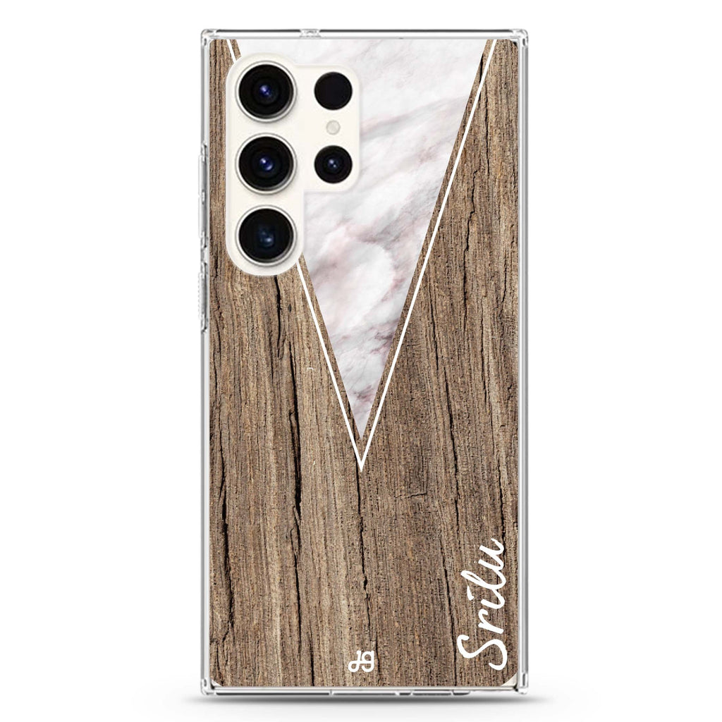 Marble & Wood II personalized name Samsung Galaxy S26/S25/S24/S23/S22 Ultra ultra clear case, transparent design, main view