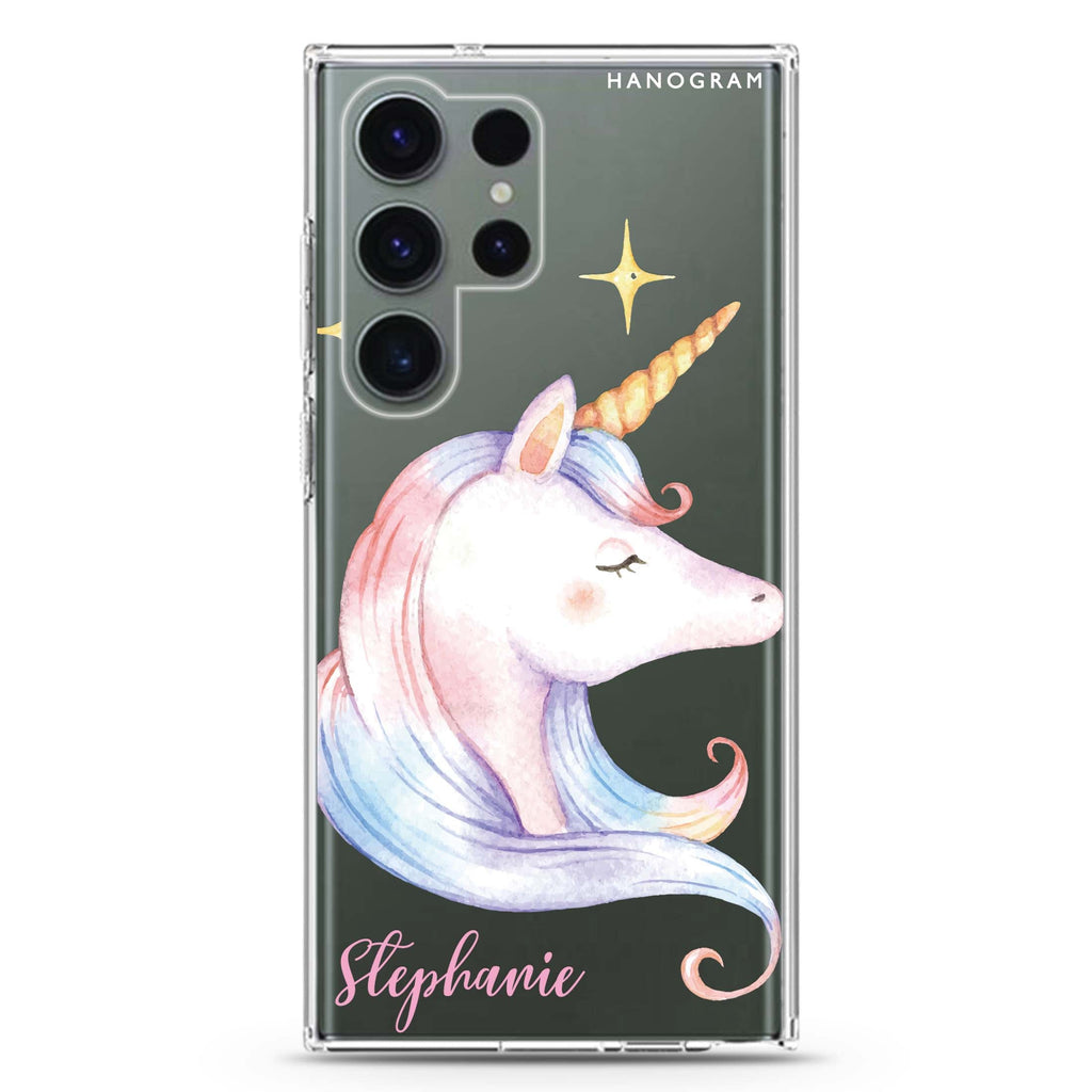 Wonderful Unicorn personalized name Samsung Galaxy S26/S25/S24/S23/S22 Ultra ultra clear case, transparent design, main view