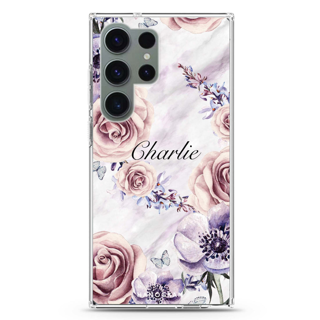 White Marble & Flower Ultra Clear Case For Galaxy S23 Ultra