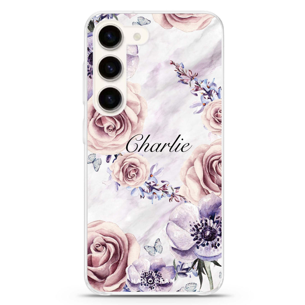 White Marble & Flower Ultra Clear Case for Galaxy S23