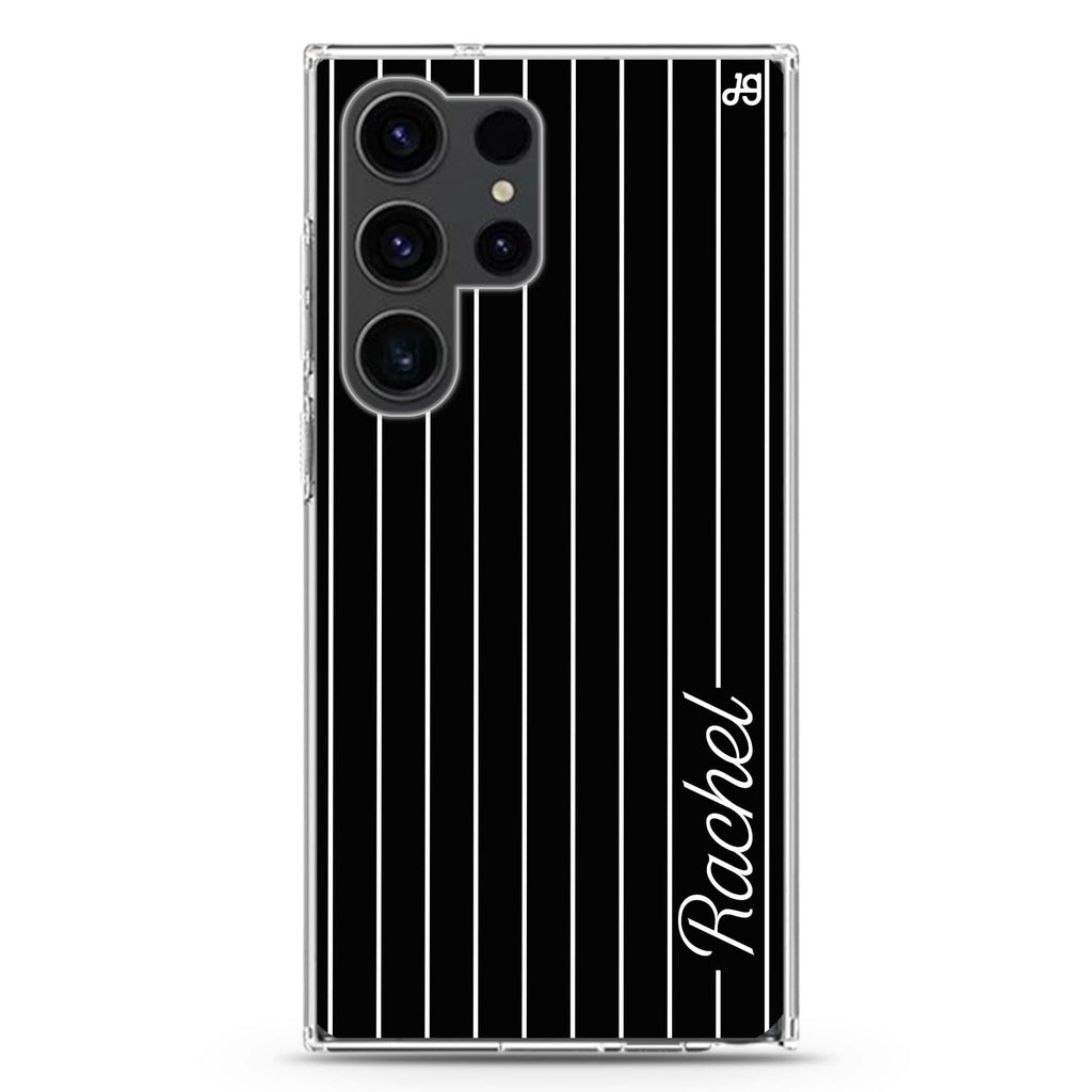 Stripes I personalized name Samsung Galaxy S26/S25/S24/S23/S22 Ultra ultra clear case, transparent design, main view