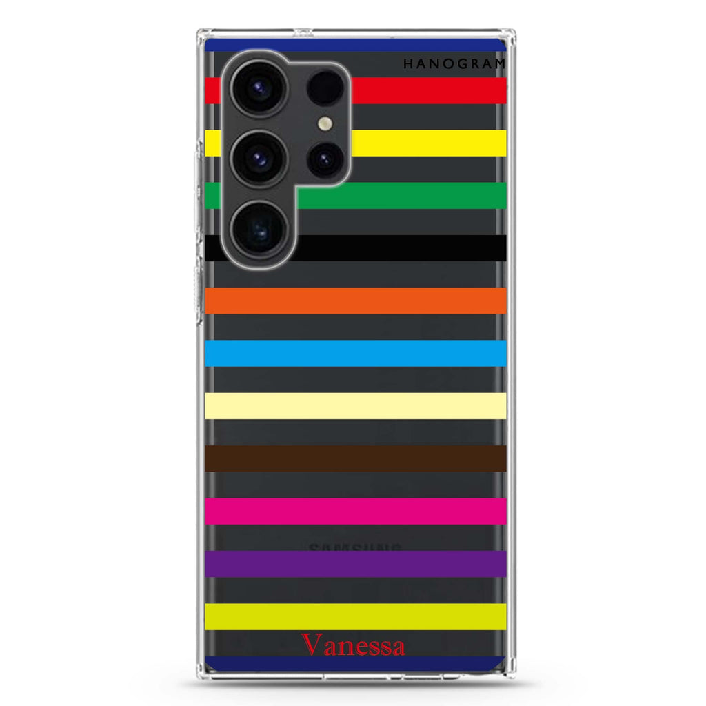 Colorful Stripe personalized name Samsung Galaxy S26/S25/S24/S23/S22 Ultra ultra clear case, transparent design, main view