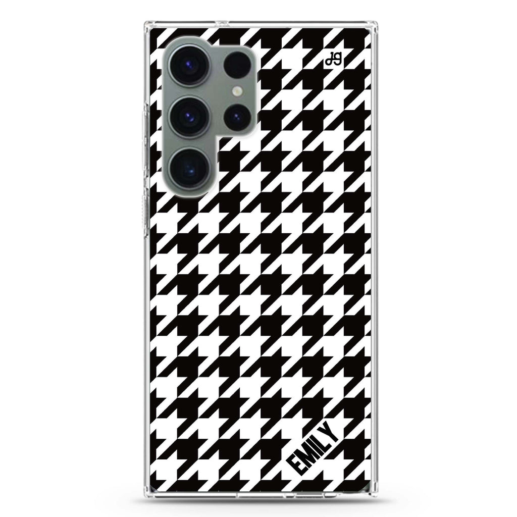 Houndstooth personalized name Samsung Galaxy S26/S25/S24/S23/S22 Ultra ultra clear case, transparent design, main view