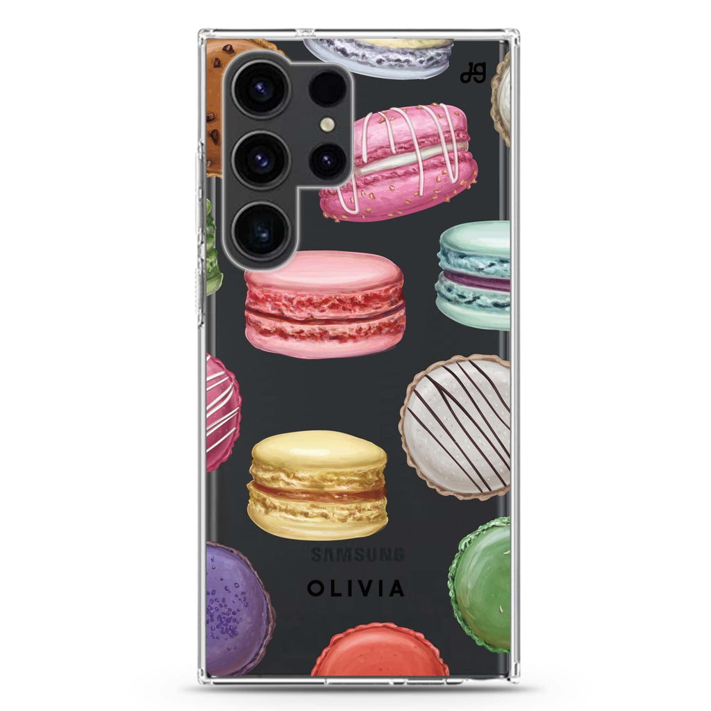 Macarons Land personalized name Samsung Galaxy S26/S25/S24/S23/S22 Ultra ultra clear case, transparent design, main view