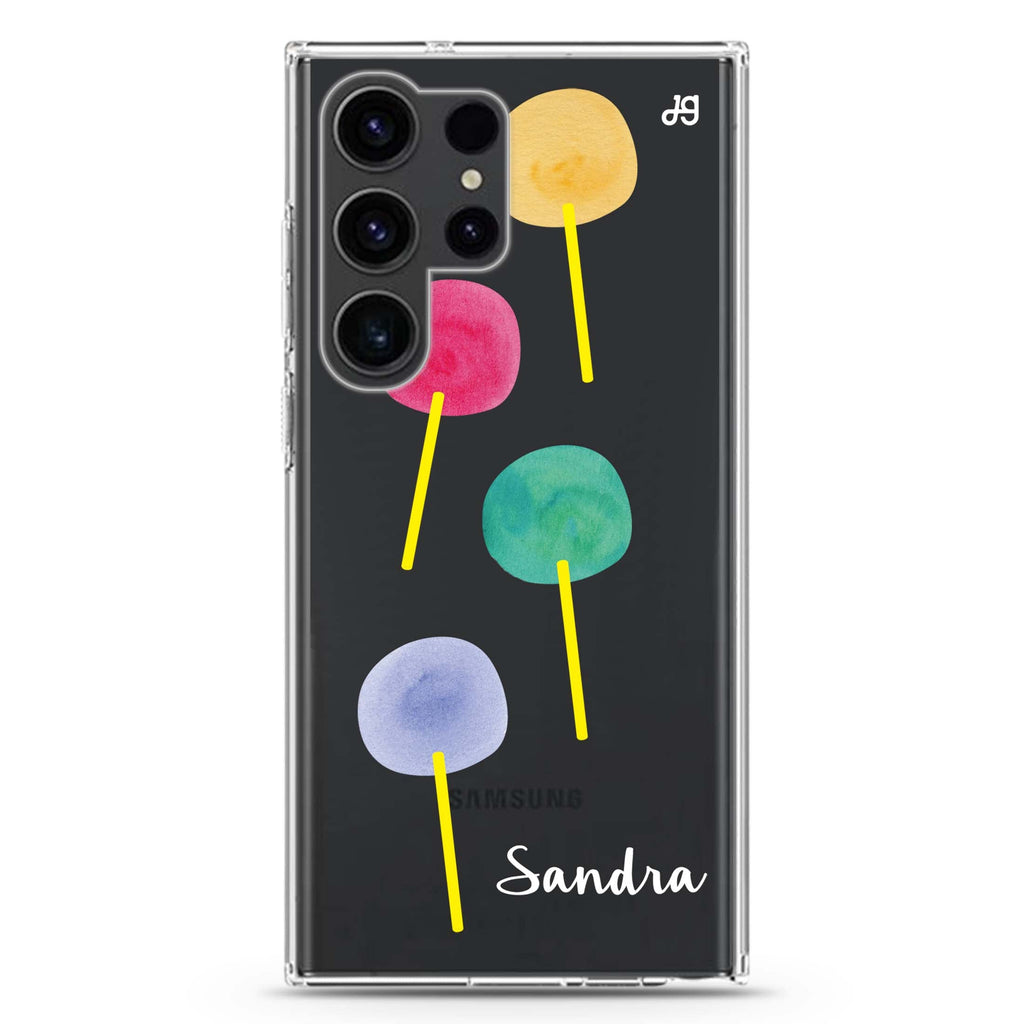 Colorful Candy I personalized name Samsung Galaxy S26/S25/S24/S23/S22 Ultra ultra clear case, transparent design, main view
