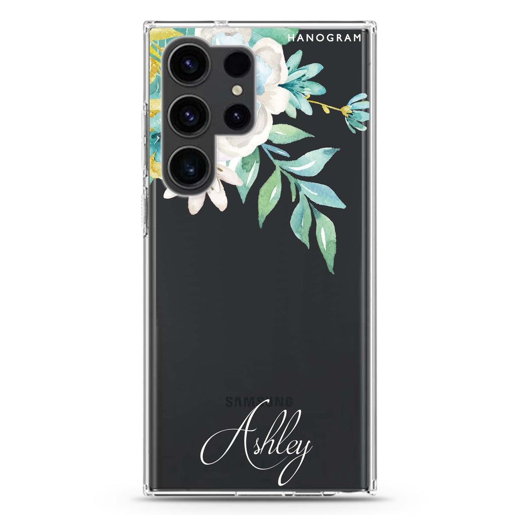 Watercolor Flowers personalized name Samsung Galaxy S26/S25/S24/S23/S22 Ultra ultra clear case, transparent design, main view