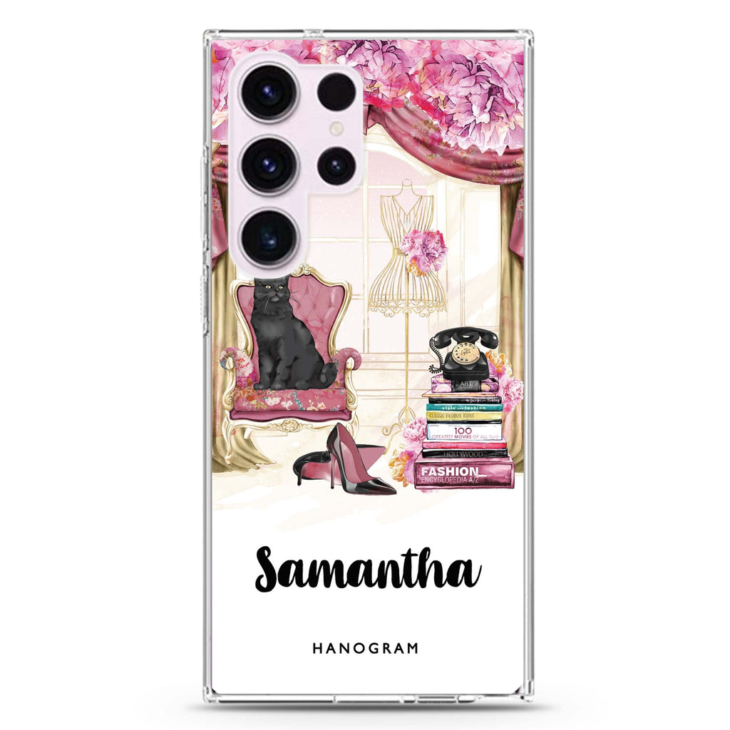 Vintage Fashion personalized name Samsung Galaxy S26/S25/S24/S23/S22 Ultra ultra clear case, transparent design, main view