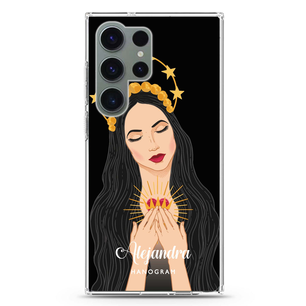 The Virgin Mary personalized name Samsung Galaxy S26/S25/S24/S23/S22 Ultra ultra clear case, transparent design, main view