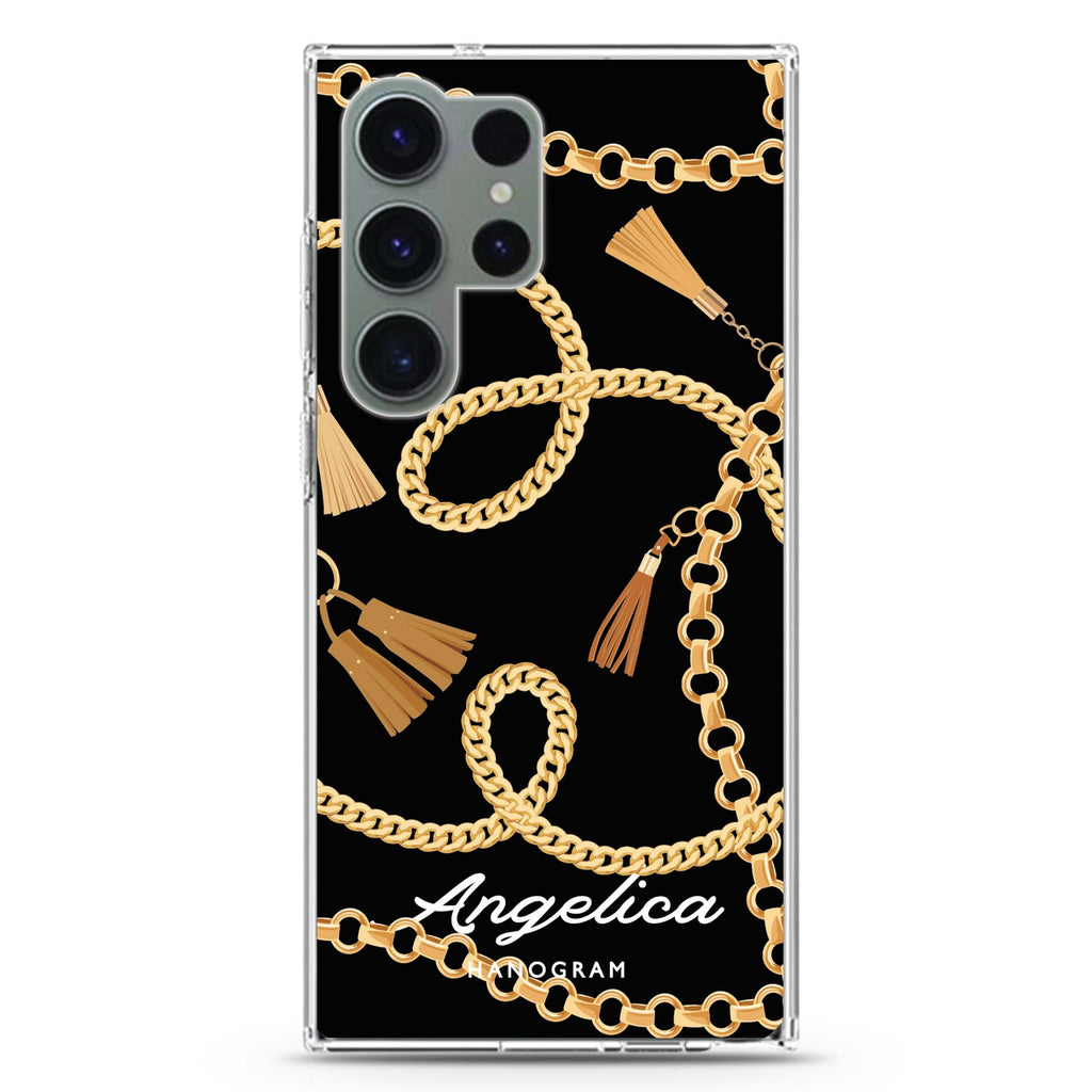 Belt and Chain I personalized name Samsung Galaxy S26/S25/S24/S23/S22 Ultra ultra clear case, transparent design, main view
