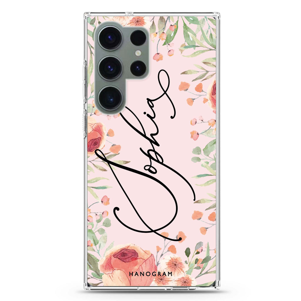 Glamorous Garden personalized name Samsung Galaxy S26/S25/S24/S23/S22 Ultra ultra clear case, transparent design, main view