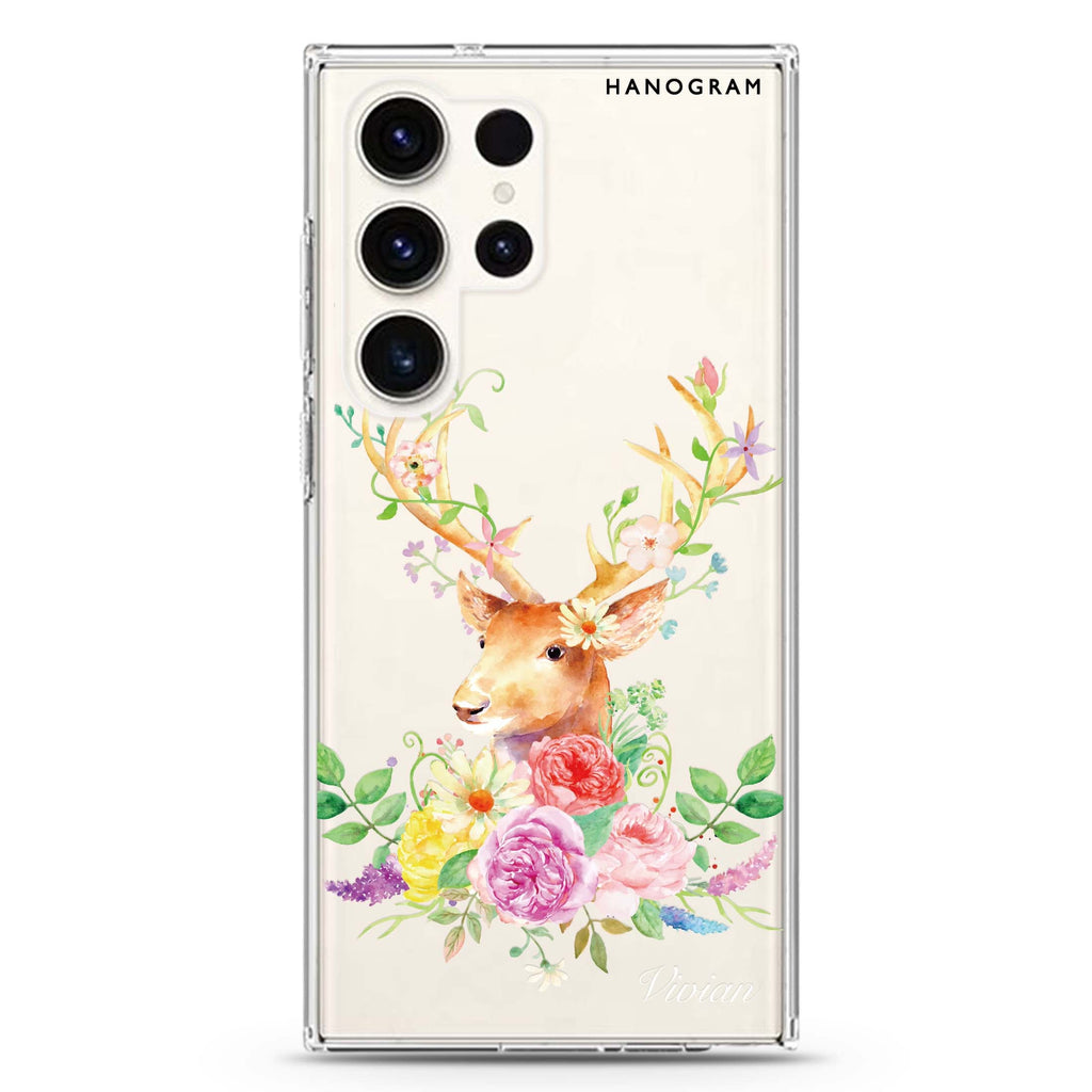 Floral & Deer personalized name Samsung Galaxy S26/S25/S24/S23/S22 Ultra ultra clear case, transparent design, main view