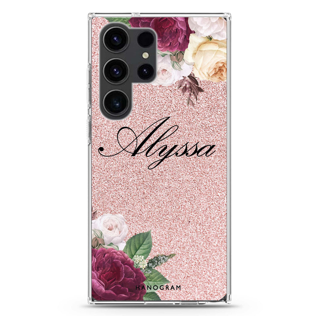 Glittering Floral personalized name Samsung Galaxy S26/S25/S24/S23/S22 Ultra ultra clear case, transparent design, main view