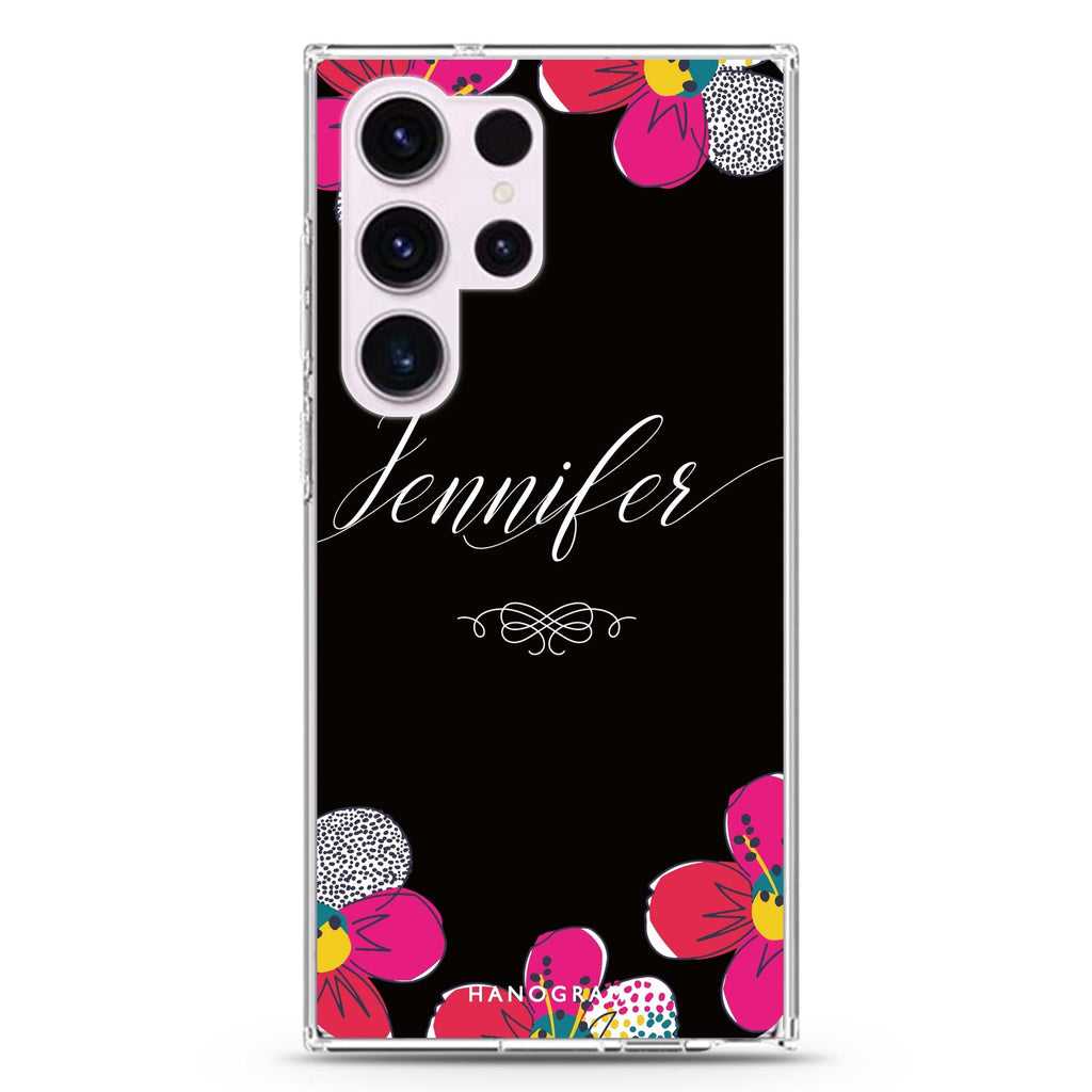 Stunning Floral personalized name Samsung Galaxy S26/S25/S24/S23/S22 Ultra ultra clear case, transparent design, main view