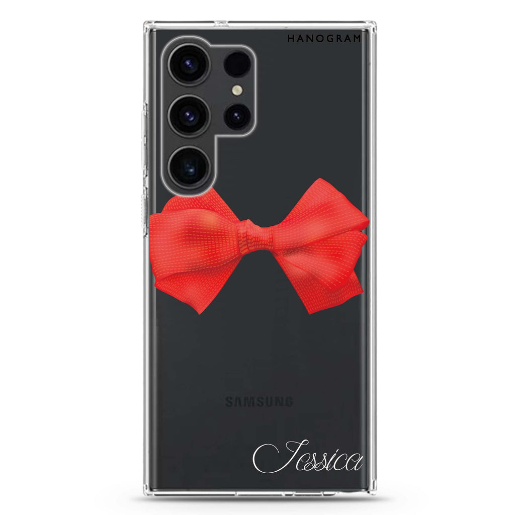 Red Bow personalized name Samsung Galaxy S26/S25/S24/S23/S22 Ultra ultra clear case, transparent design, main view