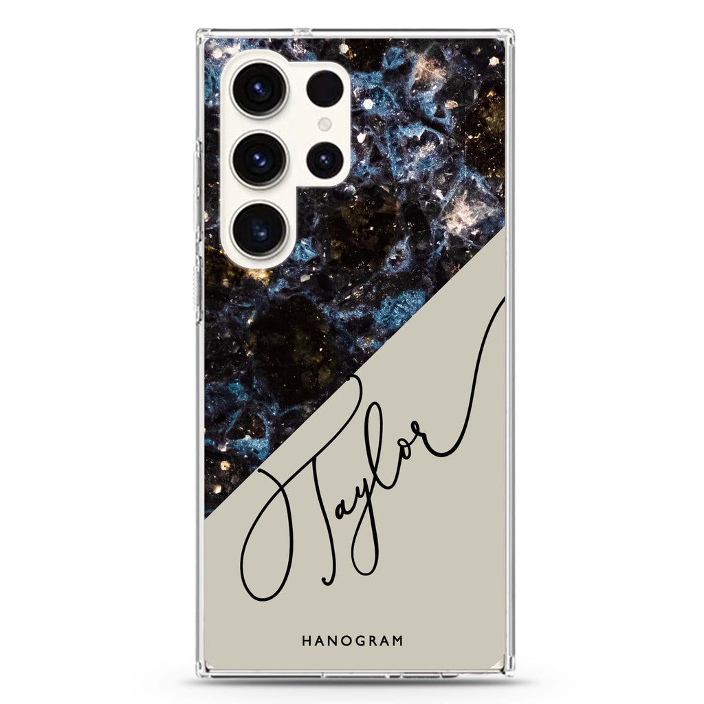 Black Marble personalized name Samsung Galaxy S26/S25/S24/S23/S22 Ultra ultra clear case, transparent design, main view