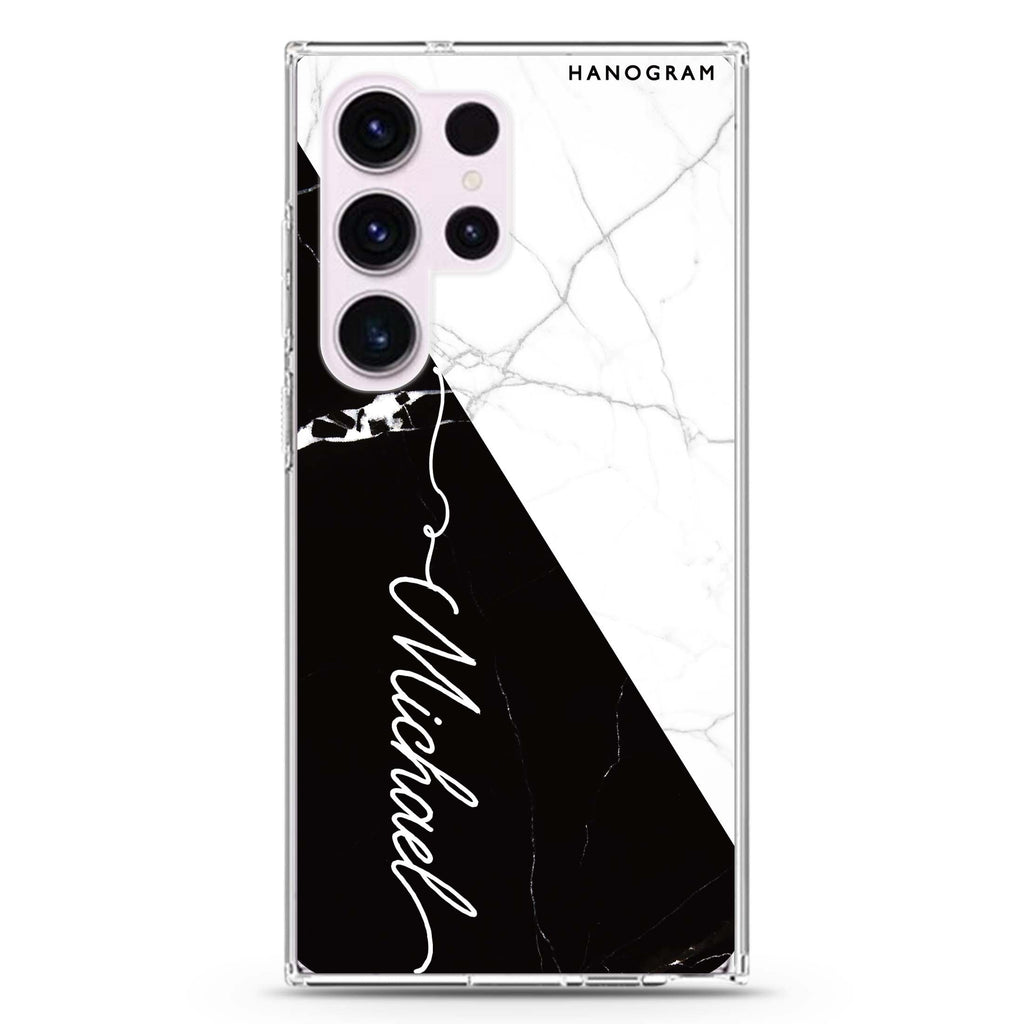 White and Black personalized name Samsung Galaxy S26/S25/S24/S23/S22 Ultra ultra clear case, transparent design, main view